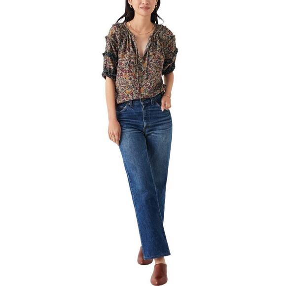 Faherty Bodhi Wildflower Floral 100% Organic Cotton Ruffled Puff Sleeve Top - Picture 6 of 6